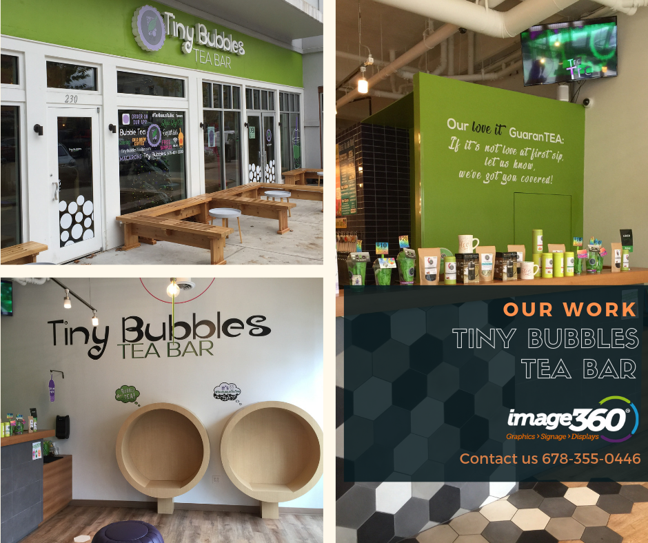 Interior and exterior graphic Tiny Bubbles Tea Bar
